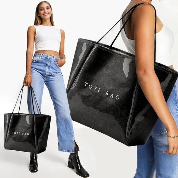 Women’s Large PVC Black Tote Bag Oversized Shopper Handbag with Shoulder Straps - Picture 5 of 6